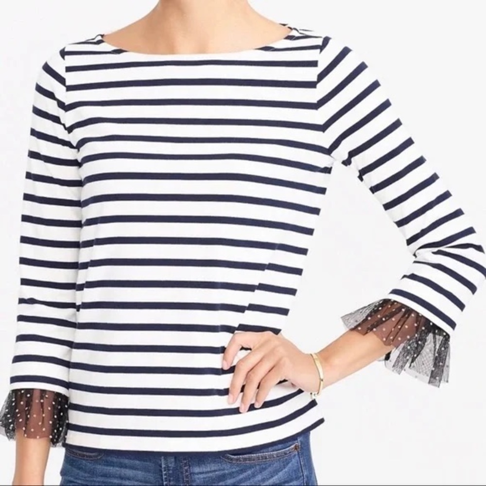 J Crew striped top with tulle polka dot detail on the sleeves